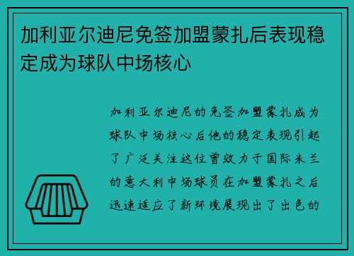 加利亚尔迪尼免签加盟蒙扎后表现稳定成为球队中场核心 加利亚尔迪尼免签加盟蒙扎后表现稳定成为球队中场核心