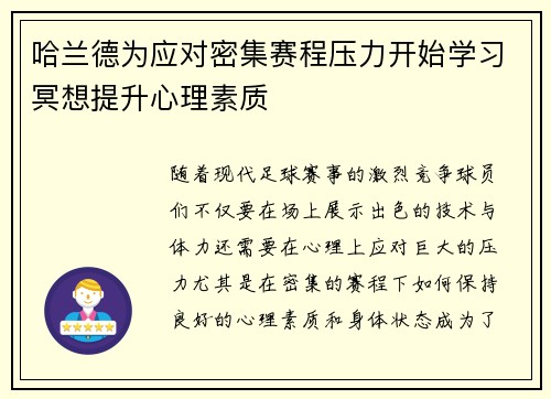 哈兰德为应对密集赛程压力开始学习冥想提升心理素质 哈兰德为应对密集赛程压力开始学习冥想提升心理素质